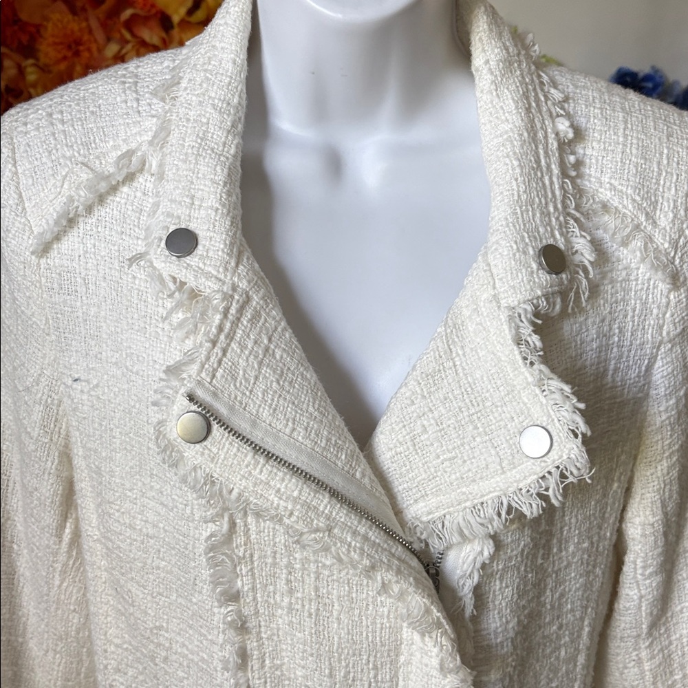 Carolina Belle Montreal White Edgy Tweed Frayed Trim Moto Jacket Blazer - Picture 11 of 13
